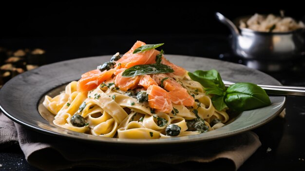 Salmão fumado e caper tagliatelle vista de cima