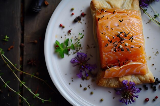 Salmão fumado enchimento para uma pastelaria em um prato branco 2