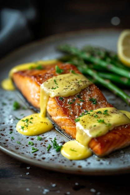 Salmão grelhado com acompanhamento num prato regado com molho