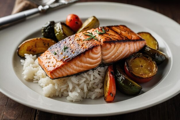 Salmão grelhado com legumes assados e arroz