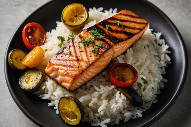 Salmão grelhado com legumes assados e arroz