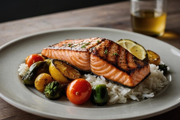 Salmão grelhado com legumes assados e arroz