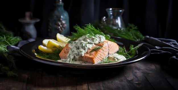 Foto salmão grelhado com legumes estilo de fotografia de comida de salmão cozido