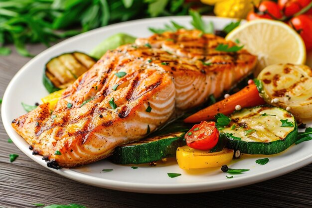 Foto salmão grelhado com legumes na chapa branca