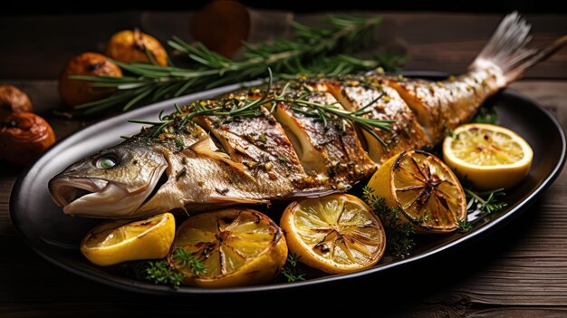 salmão grelhado com limão numa tábua de madeira