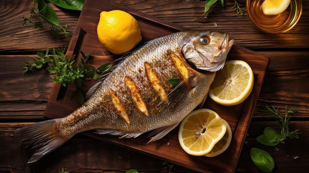 salmão grelhado com limão numa tábua de madeira