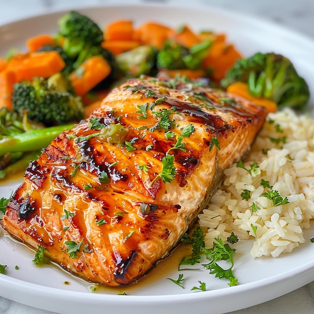 Salmão grelhado com pilaf de arroz e legumes cozidos no vapor