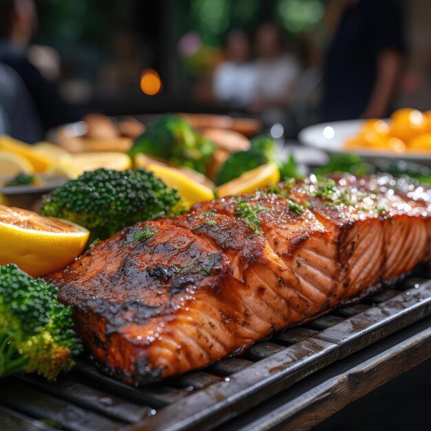 Foto salmão grelhado com uma explosão de sabores e cores cativantes