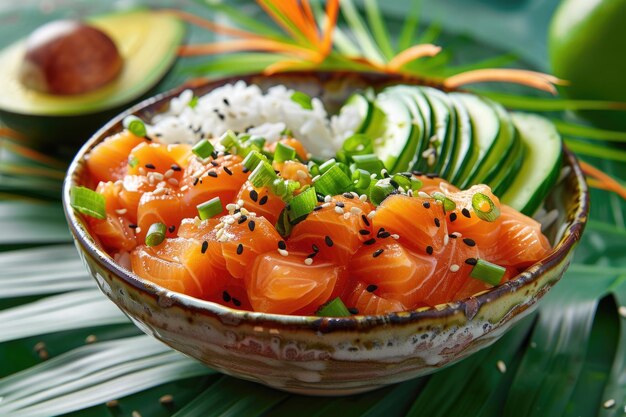 Salmão havaiano saudável Poke Bowl com pepino de abacate e arroz