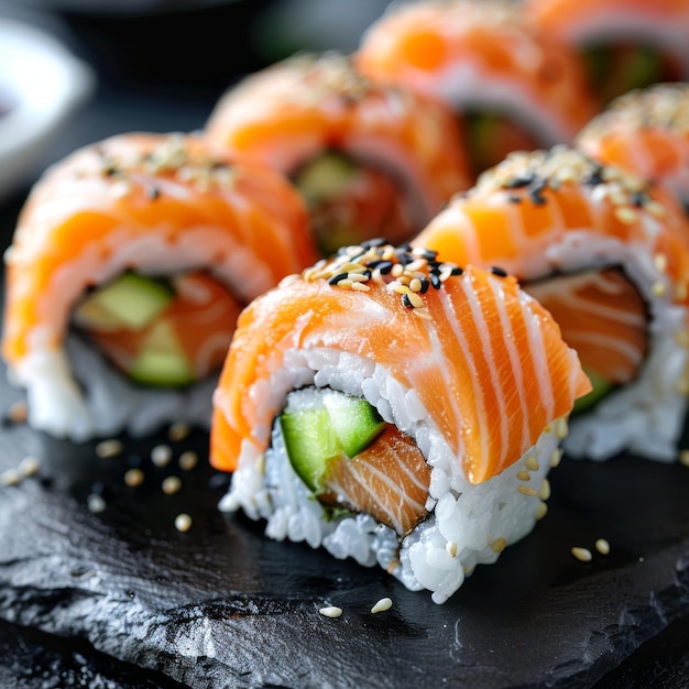 Salmão Hosomaki Sushi Pequeno Maki Sushi Rolls com truta crua pepino arroz gergelim e nori