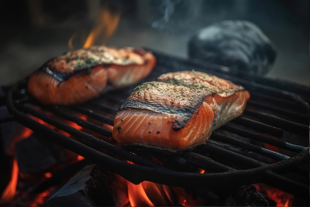 Salmão na grelha com fogo ao fundo