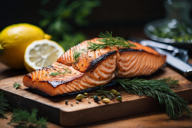 salmão vegetais ervas prato de comida fundo escuro