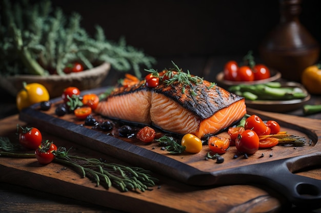 salmão vegetais ervas prato de comida fundo escuro