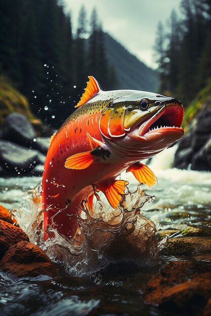 Foto salmão vermelho a salpicar da água do rio