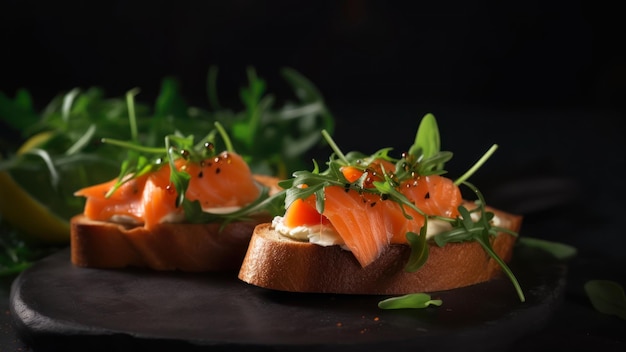 Salmón ahumado en un bagel con una ramita de verduras