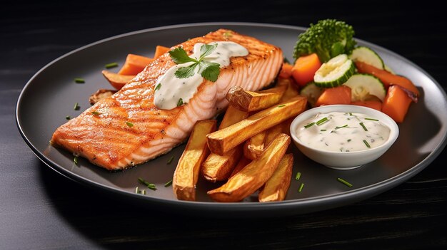 Salmón Al Horno Con Patatas Fritas Y Yogurt