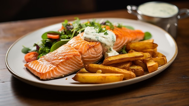 Salmón Al Horno Con Patatas Fritas Y Yogurt