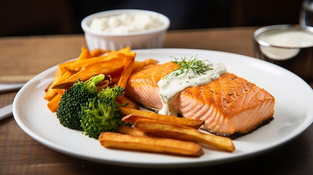 Salmón Al Horno Con Patatas Fritas Y Yogurt