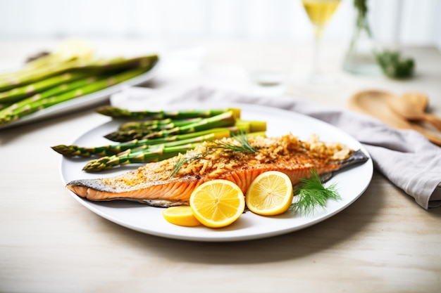 Salmón al horno con piel crujiente servido con espárragos