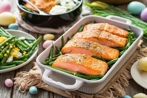 Salmón asado y frijoles verdes para el almuerzo de Pascua.