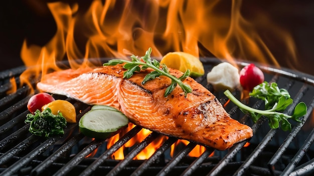 Salmón asado con varias verduras en la parrilla en llamas