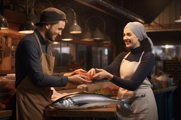 Foto un salmón crudo fresco ofrecido a un cliente por una trabajadora en una tienda de pescado