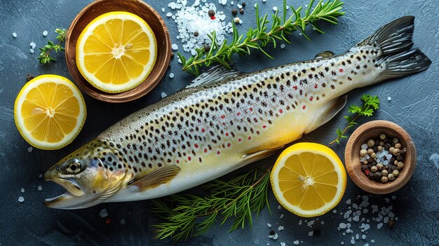 Foto salmón crudo fresco pescado rojo con especias limón pimienta romero sobre fondo de piedra oscura