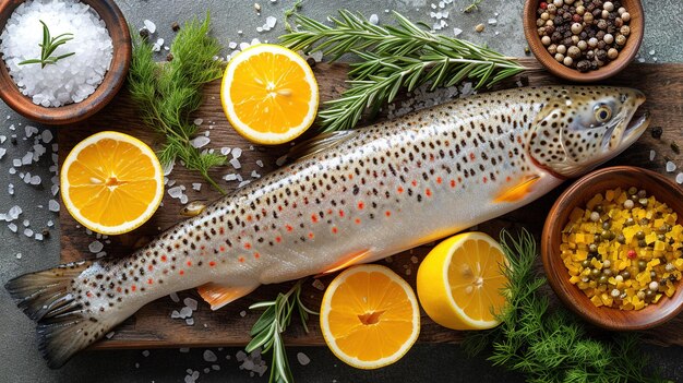 Salmón crudo fresco pescado rojo con especias limón pimienta romero sobre fondo de piedra oscura