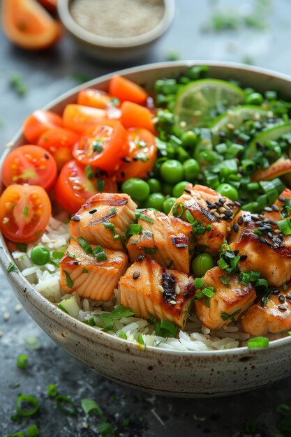 Foto salmón donburi con ajo, frijoles verdes y aderezo de jengibre de sésamo