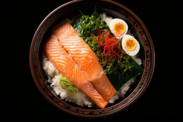 El salmón de Donburi estilo de comida japonés decora verduras de ráfago talladas vista superior aisladas en blanco