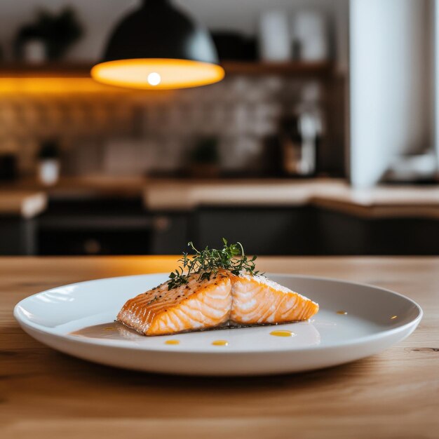 El salmón está perfectamente cocinado adornado con hierbas frescas y servido en un plato blanco fino