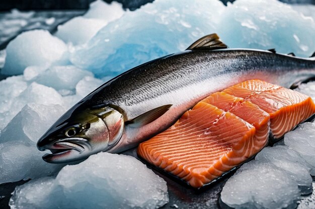 Salmón fresco congelado en el mostrador de la tienda en el hipermercado Mariscos frescos en hielo triturado en el mercado de pescado Froz