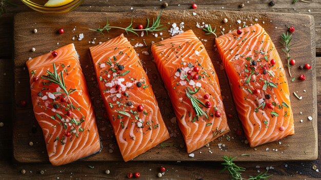 Salmón fresco filete de salmón crudo con ingredientes de cocina hierbas y limón sobre fondo negro