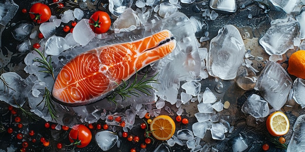 Salmón fresco en hielo con naranjas y tomates