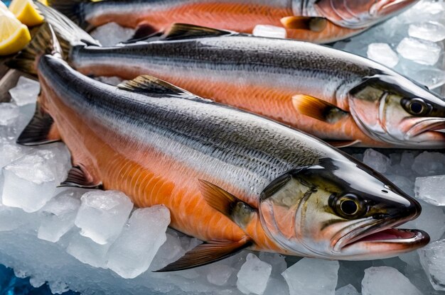 Salmón fresco con mariscos en hielo triturado en el mercado de pescado Fresco congelado en el mostrador de la tienda en el mercado Froz