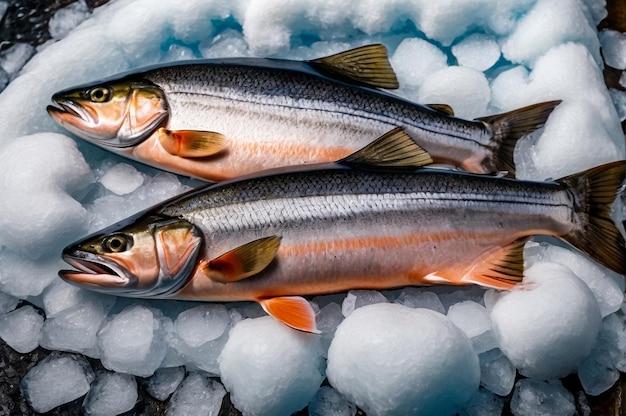 Salmón fresco con mariscos en hielo triturado en el mercado de pescado Fresco congelado en el mostrador de la tienda en el mercado Froz