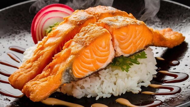 Foto salmón frito con arroz y pescado