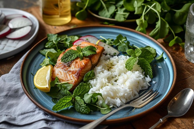 Salmón frito con arroz y rábano