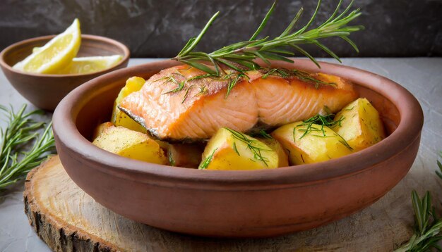 Salmón frito con patatas y romero en un cuenco de arcilla comida sabrosa plato delicioso