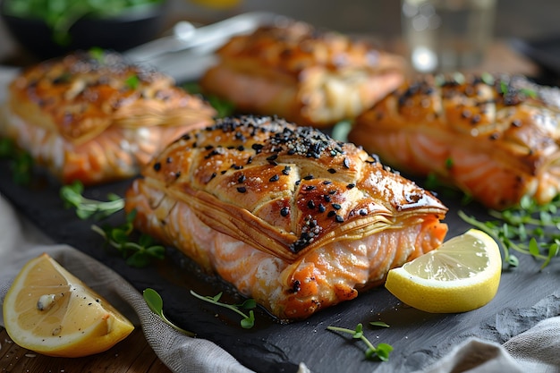 Salmón con hierbas y limones en un plato de pizarra