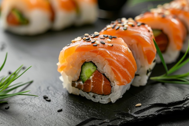 Salmón Hosomaki Sushi Pequeño Maki Sushi Rollos con trucha cruda pepino arroz sésamo y nori