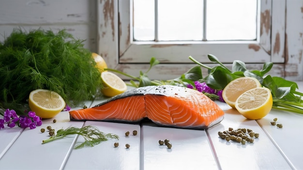 Salmón con ingredientes en la mesa