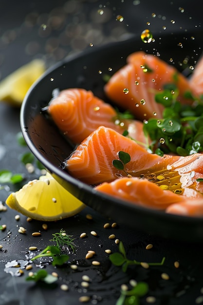 Salmón en levitación en un plato negro sobre un fondo negro con reflejo