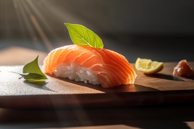 Salmón y lima en una tabla para cortar con una rodaja de limón