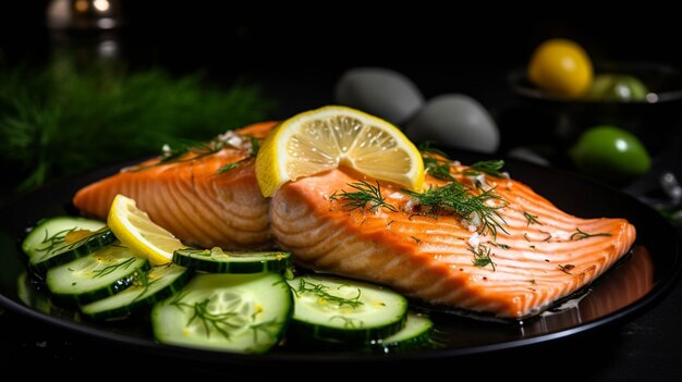 Salmón a la parrilla con brócoli y limón sobre un fondo oscuro