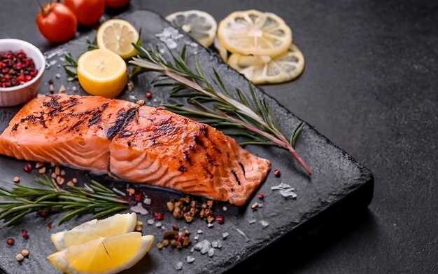 Salmón a la parrilla Comida saludable Plato de pescado caliente Salmón fresco a la par rilla espeso y jugoso con sabor a especias