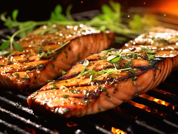 Foto salmón a la parrilla delicioso con hierbas frescas una deliciosa creación culinaria de ia generativa