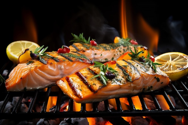 Salmón a la parrilla con fuego de fondo