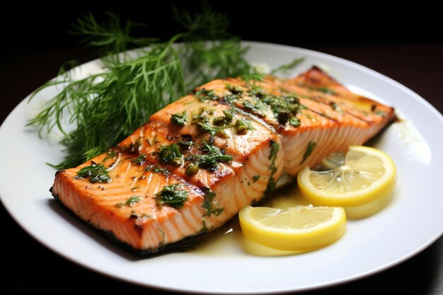 Salmón a la parrilla con hierbas frescas y infusión de ajo