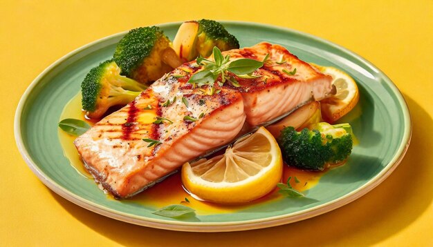 salmón a la parrilla jugoso con verduras sobre fondo amarillo